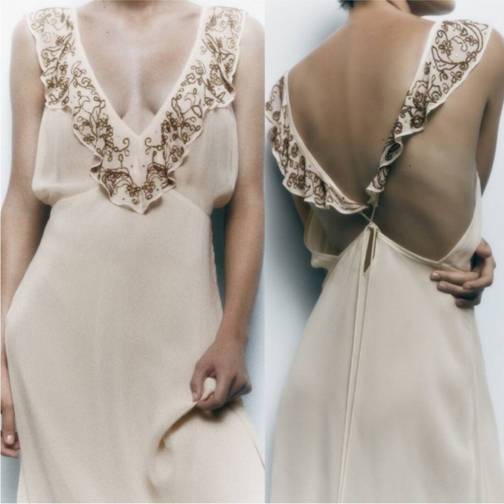 Zara Limited Edition Embroidered Beaded V-Neck Ivory Slip Maxi Dress 7521/652204 - Picture 9 of 15